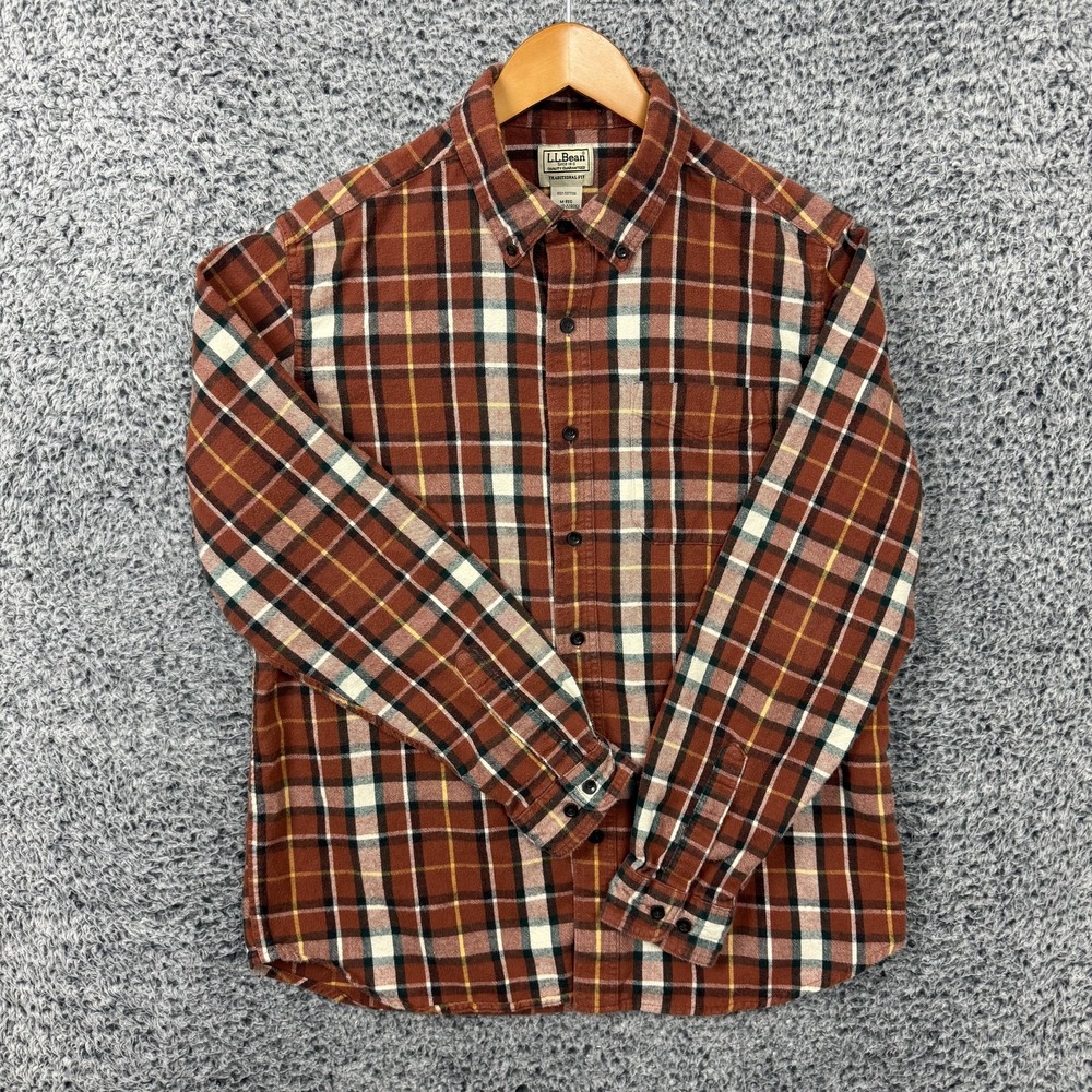 LL Bean Shirt Mens Medium Brown Plaid Flannel Button Up Traditional Fit Casual